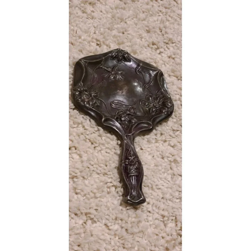 Antique Early 1900's Van Bergh Quadruple Plate Floral Handheld Vanity Mirror